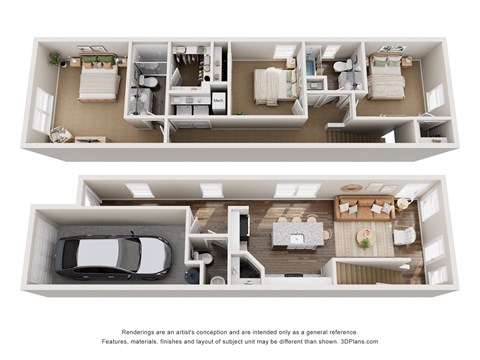 a stylized view of two 3d floor plans of a592 square foot house
